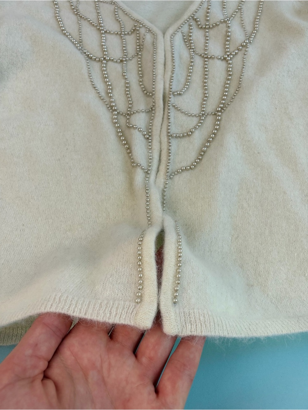 Japanese Angora Wool Pearl Beaded Cardigan OTTO Collection Sz M - Picture 3 of 10